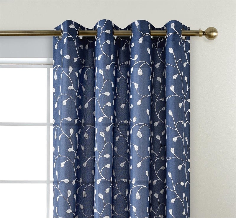 MIUCO Floral Embroidered Semi Sheer Curtains Faux Linen Grommet Curtains for Bedroom 52 x 84 Inch 2 Panels, Navy Blue - Image 3